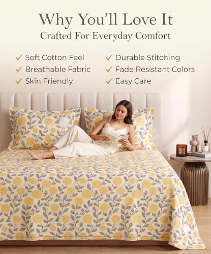 Image of VAS COLLECTIONS Premium 240 TC Cotton Double Bedsheet Set with 2 Pillow Covers | Breathable Floral Print Bedding | Fade Resistant | 228 x 254 cm, Ochre & Charcoal, Double Flat (90x100) Charcoal