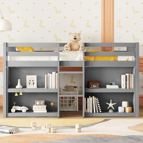 Twin Size Wood Low Loft Kids Beds with Two-Tier Shelves Storage and LED Light, Modern Toddler Bed Frame with Safety Guardrails and Ladder, Solid Wood Slats Support, No Box Spring Needed, Grey