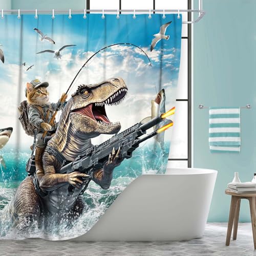 Image of Funny Cat Dinosaur Shower Curtains, Fun Cat Fishing Riding Dino Fighting on Blue Ocean Shower Curtain Sets with Hooks, Waterproof Fabric Kids Men Cool Bath Curtain for Bath Decor, 72x72 Inches