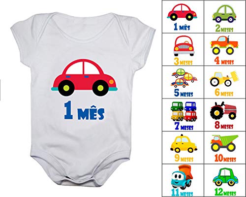 Kit Body de Bebê Mês Aniversário Carrinhos 12 Bodies
