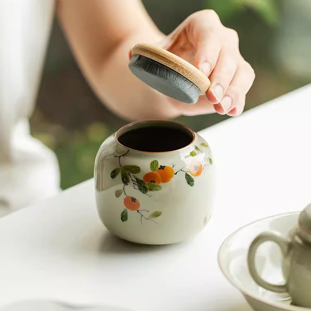 Organizador de Bolsitas de Té Lata de té de caqui puramente pintada a mano, lata sellada, lata de té pequeña portátil de cerámica, minilata de almacenamiento creativa Organizador de Té Contenedor de A