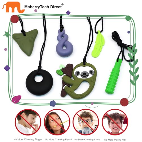Image of Sensory Chew Necklace for Kids Boys Girls, 6 Pack Silicone Chew Toys for Kids with ADHD Autism, Anxiety, Chewy Necklace Sensory Toys Reduce Adult Chewing Fidgeting (Green Sloth)