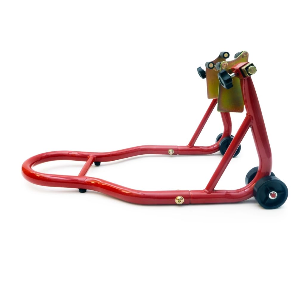 Béquille Avant d’Atelier Moto Universelle - Support Réglable avec roulettes en PVC et Supports Caoutchouc (Rouge)
