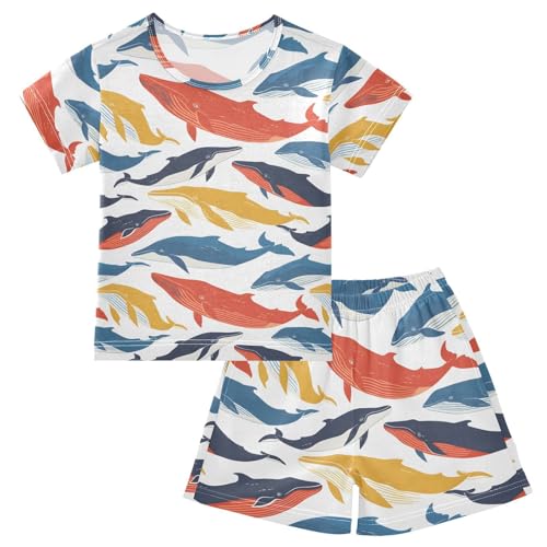 ALAZA Orange Yellow Blue Whale Pajamas Short Sleeve 2 Piece Sleepwear Top and Bottom Pajama Set Unisex