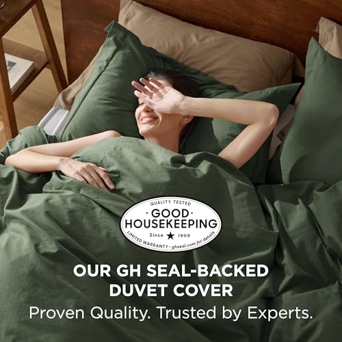 Bedsure 100% Washed Cotton Duvet Cover Queen Size - Olive Green Minimalist Cotton Duvet Cover Linen Like for All Seasons - GentleSoft™ Plain Simple Bedding (Olive Green, Queen, 90"x90")