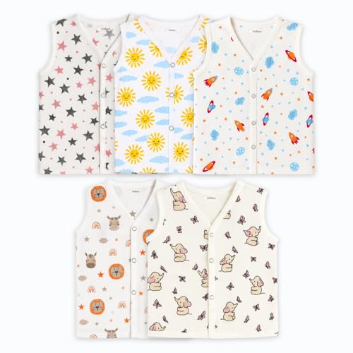 Image of Kidbea Muslin Cotton Baby Jabla for Boys & Girls | Cute Printed Soft V-Neck, Sleeveless Baby Jhabla Vest for Newborns & Infants
