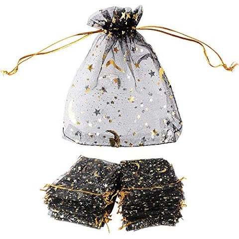 MEJOSER 100pcs Small Organza Bags Organza Bags with Drawstring Star and Moon Organza Christmas Party Bags Wedding Favor Candy Bags Jewelry Pouch Bags 9 × 12cm Cover