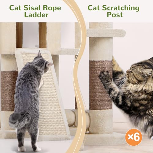 Globlazer Heavy Duty Cat Trees for Large Cats, Sturdy 72in Maine Coon Cat Tree for Large Cat 20 lbs+ Heavy Duty Cat Tower for Adult Biggest Cats with 6 Scratching Posts, Hammock, S72, Beige by Globlazer - Image 5
