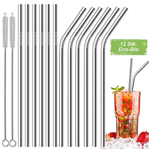 LessMo 12 pailles en Acier Inoxydable, pailles métalliques réutilisables avec 2 pinceaux de Nettoyage pour Smoothies, Milkshake, Cocktails et Boissons Chaudes
