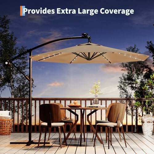 10FT Solar Lights Cantilever Umbrella outdoor patio, Offset Patio Umbrella with Easy Lift & Tilt Adjustment, UV Protection Fade Resistant for Deck, Pool, Garden, Tan