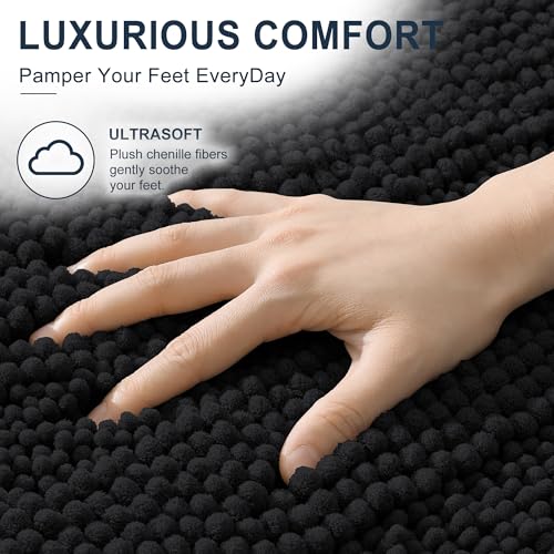 Image of Smiry Thick Chenille Large Bathroom Rugs 47x32, Extra Soft Absorbent Striped Bath Mat, Machine Washable, Rubber Backing, Bath Rugs for Bathroom, Tub & Shower, Home Decor Accessories, Black