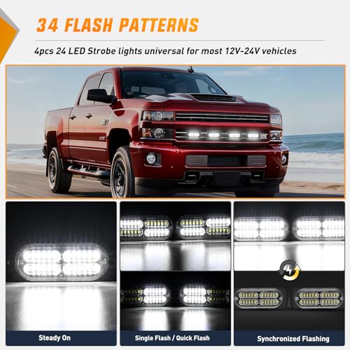 Image of Nilight 4PCS 24LED White Strobe Light 12V /24V Grille Surface Mount | Hazard Safety Warning Light with Sync Feature for Car Truck Camper Side Marker Aluminum Alloy Base Emergency Lights