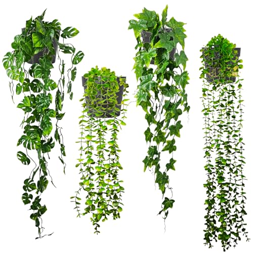 Nexum Hängepflanze Künstlich im Topf Künstliche Hängepflanzen Wie Echt 53-95cm Fake Plant Eukalyptus, Monstera, Weinrebe Kunstpflanzen Hängend Plastikpflanzen Home Decor Innenbereich, Außenbereich
