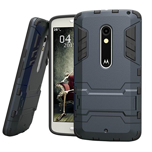 Funda para Motorola Moto X Play (5,5 Pulgadas) 2 en 1 Híbrida Rugged Armor Case Choque Absorción Protección Dual Layer Bumper Carcasa con Pata de Cabra (Azul Negro)