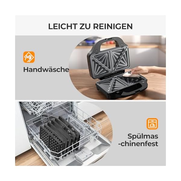 OSTBA APPLIANCE Multifunktionsgerät 3-in-1(Sandwichmaker, Waffeleisen, Kontaktgrill), 900W Paninitoaster mit Antihaftbeschichtete abnehmbare Platten & LED-Leuchten, Spülmaschinengeeignete, Edelstahl – Bild 8