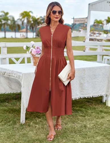Image of GRACE KARIN Womens Summer Casual Dress, Business Office Work Flowy Dresses | Cap Sleeve, Zipper Front, V Neck, Smocked Waist, Knee Length, Sleeveless, High Waist, Flowy Work,Causal, Midi