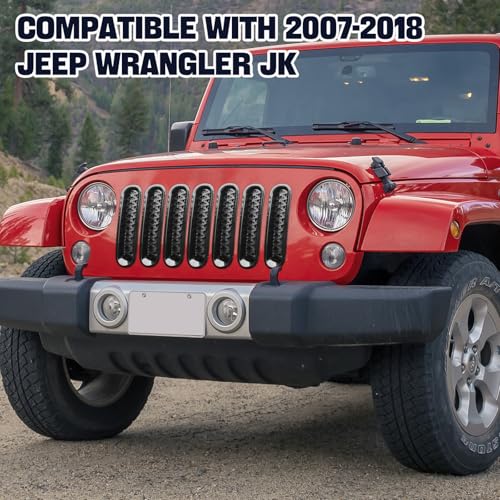 Image of Black JK Grill Inserts Front Grille Mesh Cover Guard Clip-in Compatible with 2007-2018 Jeep Wrangler JK & JKU Accessories (Pack of 7)