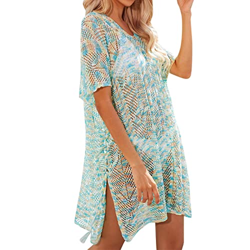 Bañadores Hombre Grandes Prendas de Punto Informales de Verano para Mujer, Bikini de Playa Ahuecado a la Moda, Traje de baño, Blusa con Cuello en V, Minivestido, Vestido de Playa, (Green, One Size)