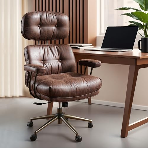 Image of ovios Ergonomic Office Chair, High Back Faux Leather Executive Chairs with Thick Cushion, Comfy Mid-Century Modern Swivel Rolling Computer Armchair (Dark Brown, Suede Leather)