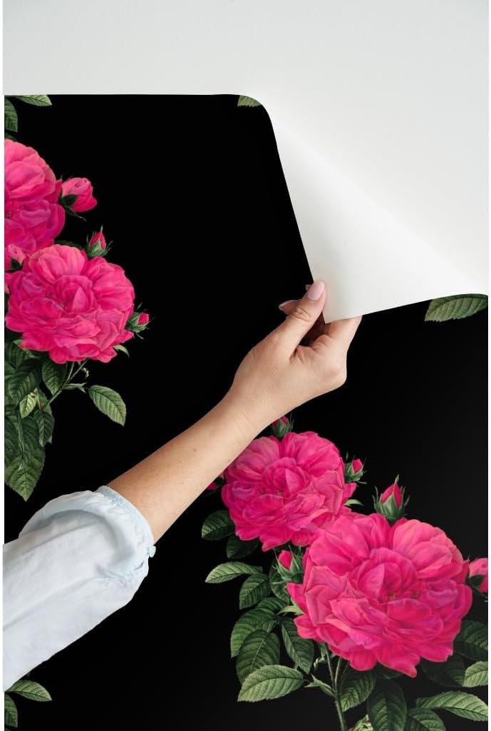 Peel & Stick Wallpaper Swatch - Rose Hot Pink Black Floral Roses Romantic Fuchsia Spring Custom Removable Wallpaper by Spoonflower