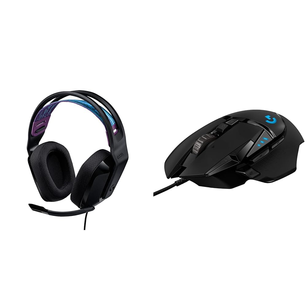 Logitech G335 Wired Gaming Headset, with Microphone, Black & G502 HERO High Performance Wired Gaming Mouse, Adjustable Weights, 11 Programmable Buttons, On-Board Memory, PC/Mac - Black