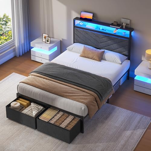 Image of Fluest Twin Bed Frame with Storage Drawers, Upholstered Headboard with Charging Station, LED Lights, Fabric Drawers with Wheels, Under Bed Storage, No Box Spring Needed, Easy Assembly, Grey