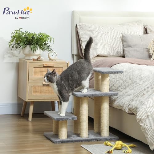 PawHut Hundetreppe 3 Stufen 54 cm Hoch Haustiertreppe für Kleine Hunde Katzentreppe Hunderampe mit Sisal Kratzbäumen, Spielball, Einstiegshilfe für Bett, Sofa, Couch und Auto Grau