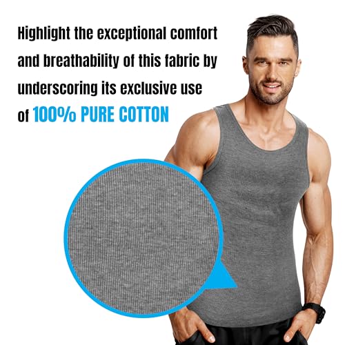 Men’s Tank Tops 6 Pack–100% Cotton Sleeveless Undershirts Multipack - Breathable Black White Gray Muscle Shirts3