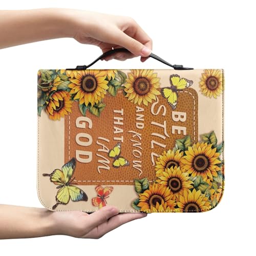Dellukee Bible Cover Case for Women Butterfly Sunflowers Be Still and Know That I Am God Print Leather Bible Tote Bags Study Accessories3
