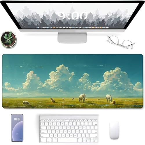 Mouse Pad Large, 600 x 300 x 3mm Mice Pad with Non-Slip Rubber Base, Mouse Mats for Comters Durable Stitched Edges, Neoprene Smooth Surface for Laser and Optical Mouse Mat, Blue Sky Grassland