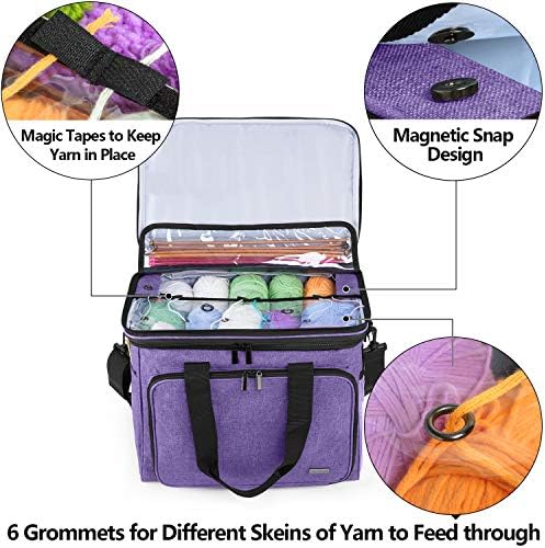 Teamoy Knitting Bag, Yarn Storage Tote with Nylon Zippered Cover, Multiple Inner Divider for Yarn, Unfinished Project and Knitting Supplies (Violet)