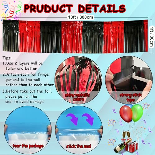 Image of 4 Packs Total 39 Feet Parade Floats for Trailer Car, Black Red Foil Fringe Garland Tinsel Streamers Banner Table Skirts for Graduation Homecoming Wedding Birthday Party Decor