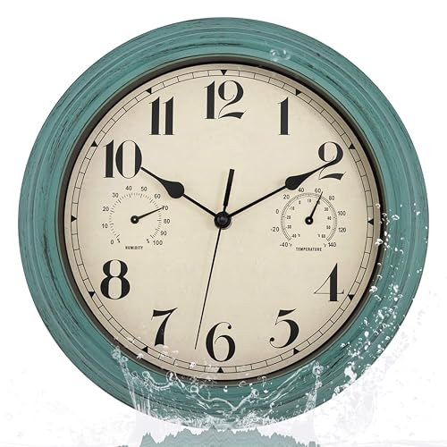 Foxtop Horloge Murale Extérieure Étanche avec Thermomètre & Hygromètre - Design Vintage Silencieux sans Tic-Tac 30 cm Décoration Jardin, Salle de Bain,...