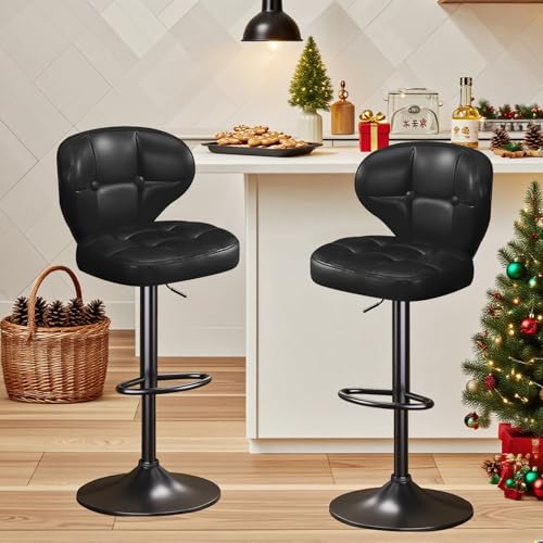 Image of Bar Stools Set of 2, Adjustable Swivel Bar Chairs with Backrest and Footrest, Modern PU Leather Upholstered Counter Height Stools for Kitchen Island, Bar, Dining Room Black