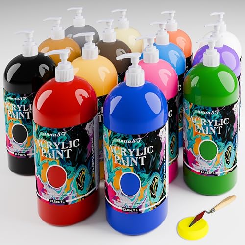 Image of Acrylic Paint Sets for Adults 33.8oz /1000ml, 14 Color Large Bulk Paints kits, 1 /4 Gallon Rich Pigment Art Painting Supplies for Artists /Beginners, Acrylic Paint Sets for Canvas with Pump, Color Wheel