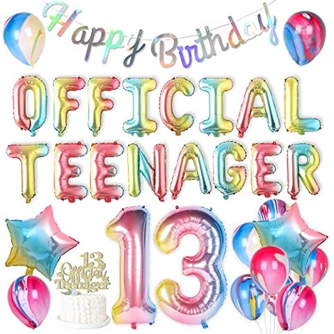Rainbow 13th Birthday Decorations for Girls Official Teenager Birthday Party Decoration Supplies - Happy Birthday Banner Number 13 Foil Balloon Official Teenager Cake Topper Cover