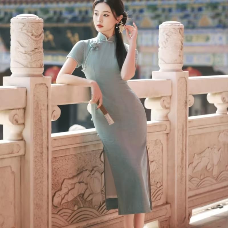 Cheongsam De Manga Corta para Mujer - Vestido De Fiesta Elegante De Primavera Y Verano De Color Sólido Estilo Chino Tradicional Ajustado hasta La Rodilla