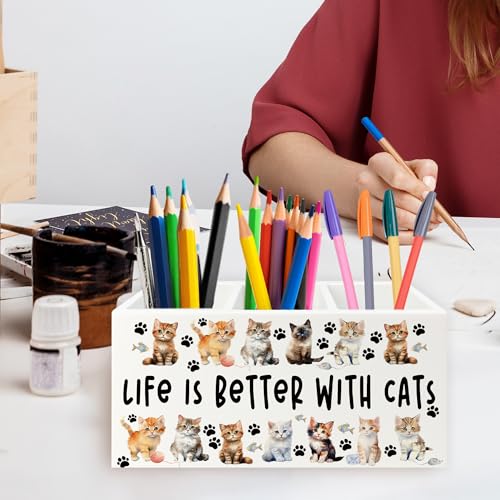 Image of Cat Pen Pencil Holder Organizer for Desk, Cat Lovers Mom Lady Gifts for Women, Life Is Better with Cats Wooden Box Signs Decorations for Home Office Desk Tabletop, Gifts for Pet Lovers
