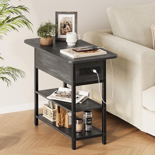 Image of Yoobure End Table with Charging Station, Flip Top Side Table with USB Ports and Outlets, Sofa Couch Table Bedside Table for Living Room Bedroom, Narrow Nightstand with Storage Shelves for Small Space