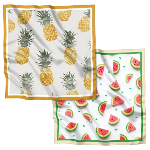 2PCS Scarf Silk Feeling Satin Head Hair Wrap Lightweight Large Square Fashion Cute Aesthetic 27.5 Inches for Women-Fruit