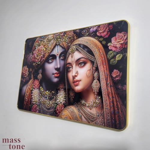 Image of Masstone Radha Krishna Crystal Embedded High Gloss Wall Painting, Golden Slim Frame, 45x30 Cm Wall Art for Living Room, Bedroom, Office & Home Decor (CRG55)