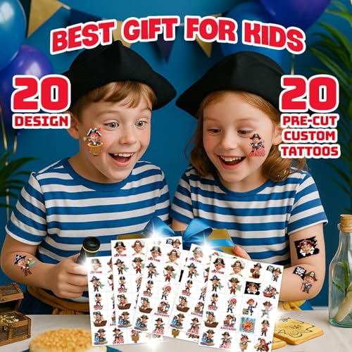 Image of Custom Pirate Temporary Tattoos for Kids, Set of 20 | Personalized Pre-Cut Face Photo, Birthday Party Favors, For Boys & Pirate Fans, Unique Celebration Gifts