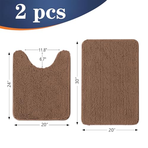 Image of OLANLY Bathroom Rugs Sets 2 Piece, Soft Absorbent Chenille Bath Mats and U-Shaped Contour Toilet Mat Area Rug Set, Machine Washable Bath Carpet, Home Decor Accessories(30 inchx20 inch+24 inchx20 inch, Mocha)