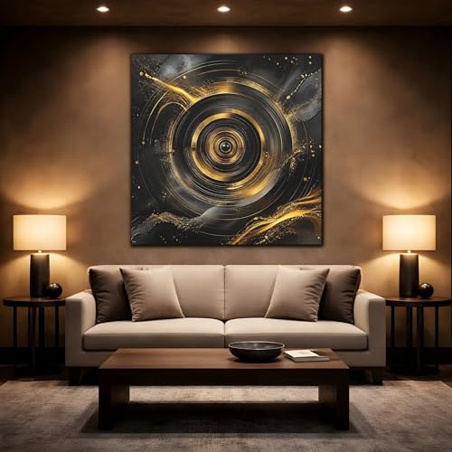 Tableau abstrait cercles noirs et dorés pour dynamiser un mur blanc vide