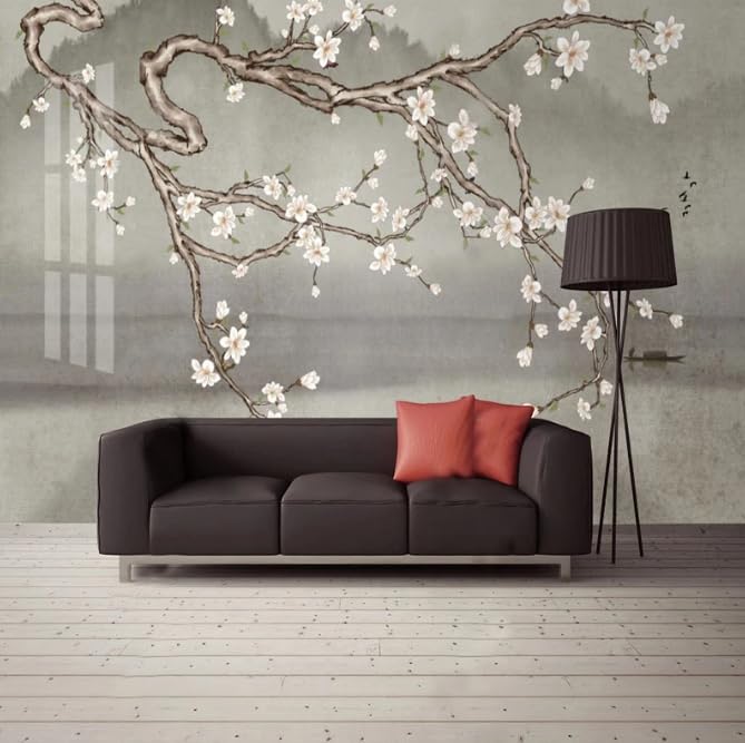Papier peint fleurs de prune pour agrandir un grand mur de salon impersonnel