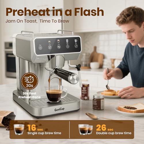 Image of Expresso Coffee Makers with Touch Screen 20 Bar, Professional Coffee Maker with Milk Frother and Hot Water, Stainless Steel Coffee Maker for American Cappuccino Latte, for Office Use in