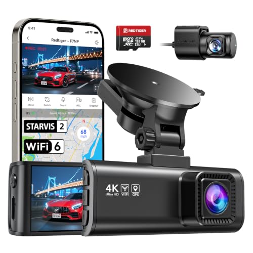 REDTIGER 4K Dashcam Voiture,STARVIS 2,Écran IPS 3,18 Pouces,Carte 128 Go Incluse, WiFi 5,8 GHz,GPS,Vision Nocturne,Grand Angle 170° WDR,Moniteur de Stationnement,Prend en Charge Jusqu'à 256 Go (F7NP)