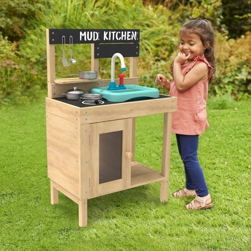 Image of TP Toys Mud Play Kitchen For Kids - Indoor, Outdoor Toddler Toys Wooden Kitchen Playset w / Accessories, Sink with Faucet, Durable, Weatherproof, Chalkboard, Wood Burner Stencils, Easy Assembly, Age 3+