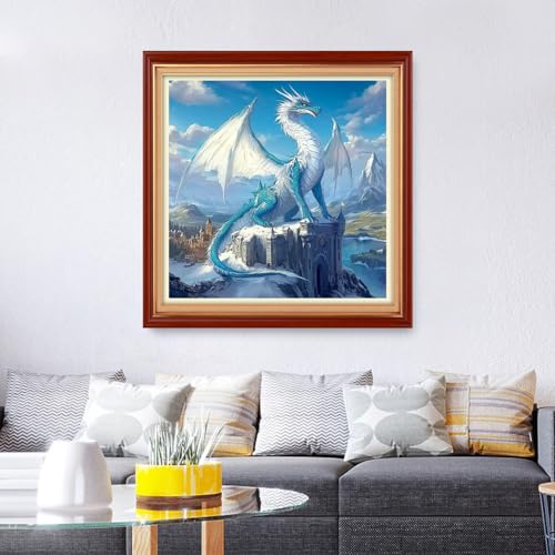 Image of Foxhool Stamped Cross Stitch Kits,11CT Printed Cross Stitch Pattern Full Embroidery Kits for Beginner Needlepoint Kits&Blue Wing Dragon Landscape 18x18 inch