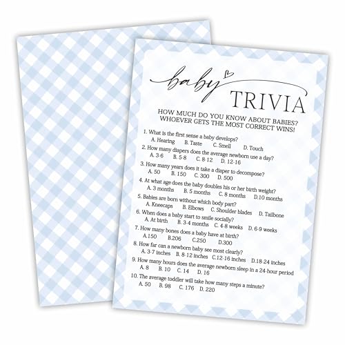Baby Trivia Baby Shower Game Cards, Fun Games for Boy or Girl, Gender Neutral Modern Minimal Design, Party Activities, 30 Game Cards + 1 Answer Card 5x7 inches (Blue) - A07